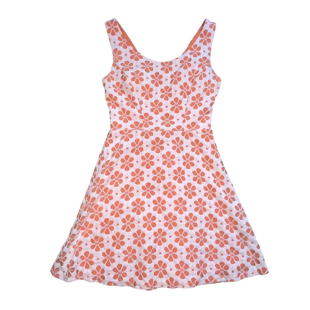 Vintage Coco Avante Orange Floral Lace Dress M Fit Flare Daisy 90s USA D-8789